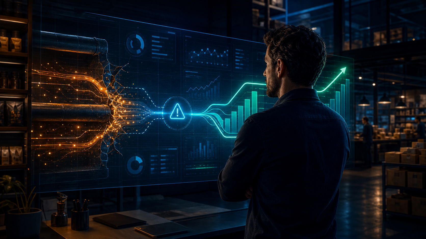 Empresário identificando uma perda invisível e transformando dados em uma direção de crescimento
